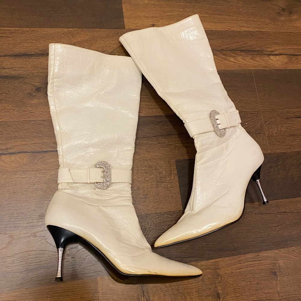 White Rhinestone Buckle Calf Boots